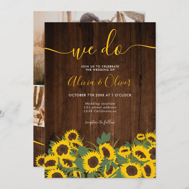 Fall rustic sunflowers wood photo initials wedding invitation (Front/Back)