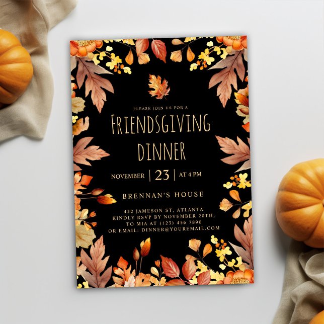 Fall Rustic Thanksgiving Friendsgiving Dinner Invitation (Black Rustic Friendsgiving Dinner Invitation)