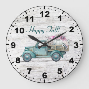 Fall Rustic Vintage Teal Truck With Pumpkins Large Clock