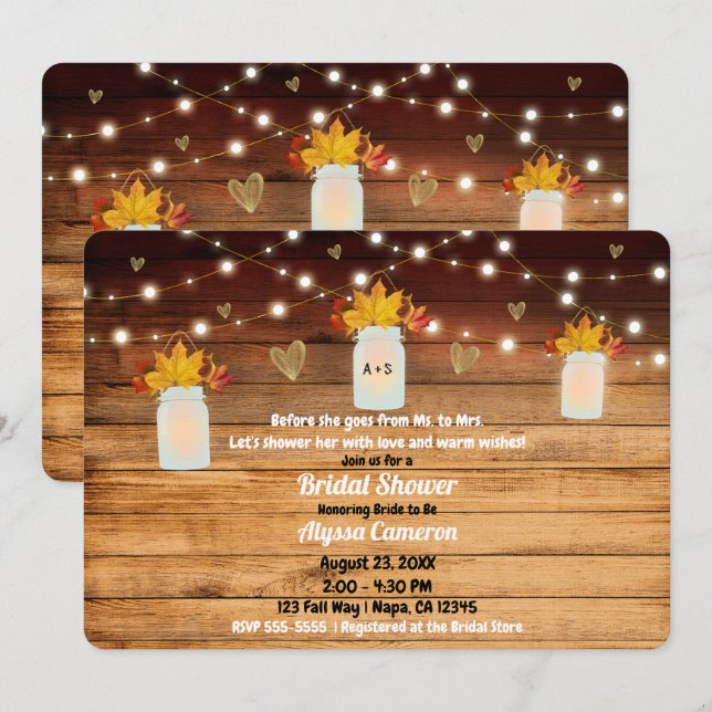 Fall Rustic Wood Lights & Mason Jar Bridal Shower Invitation (Front/Back)