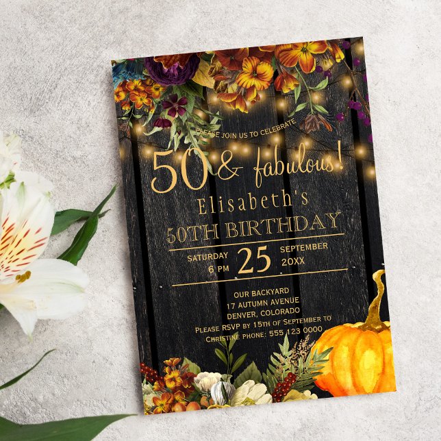 Fall rusty flowers rustic chic 50 fabulous years invitation (Creator Uploaded)