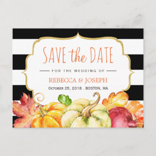 Fall Save the Date - Autumn Pumpkin Maple Leaves Announcement Postcard