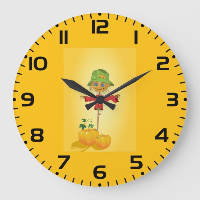 Fall Scarecrow and Pumpkins Autumn Harvest Large Clock (Front)