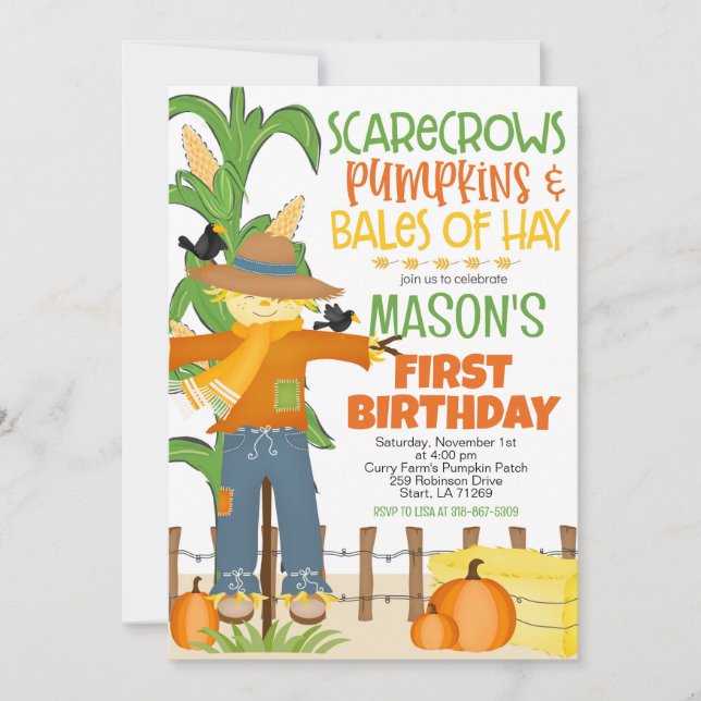 Fall Scarecrow Pumpkin Boy Birthday Invitation (Front)