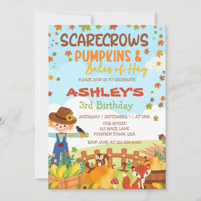 FALL SCARECROWS PUMPKINS & BALES OF HAY BIRTHDAY  INVITATION (Front)