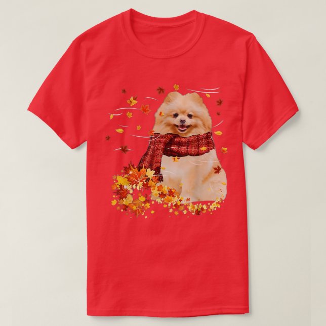 Fall Scarf  Pomeranian Dog Autumn Falling Leaves  T-Shirt (Design Front)