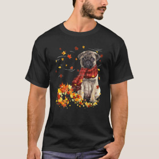 Fall Scarf Pug Dog Autumn Falling Leaves T-Shirt