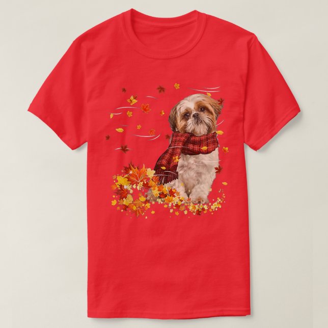 Fall ScarfShih Tzu Dog Autumn Falling Leaves  T-Shirt (Design Front)