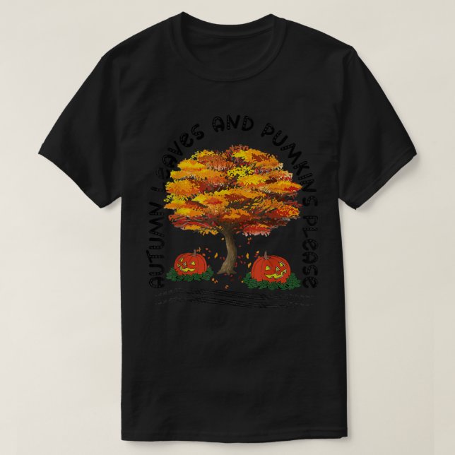 Fall Season Falling Autumn Leaves and Pumpkins Ple T-Shirt (Design Front)