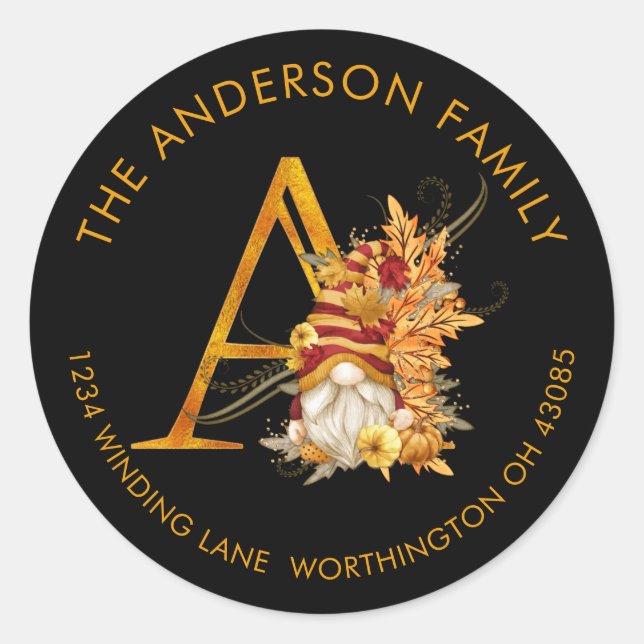 Fall Season Gnome Monogram Letter A Address Label (Front)
