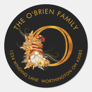 Fall Season Gnome Monogram Letter O Address Label
