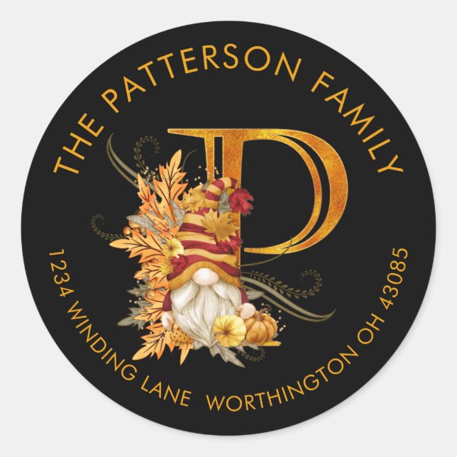 Fall Season Gnome Monogram Letter P Address Label (Front)