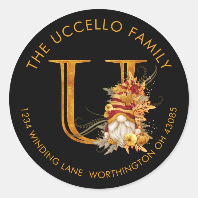 Fall Season Gnome Monogram Letter U Address Label (Front)