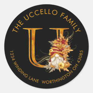 Fall Season Gnome Monogram Letter U Address Label