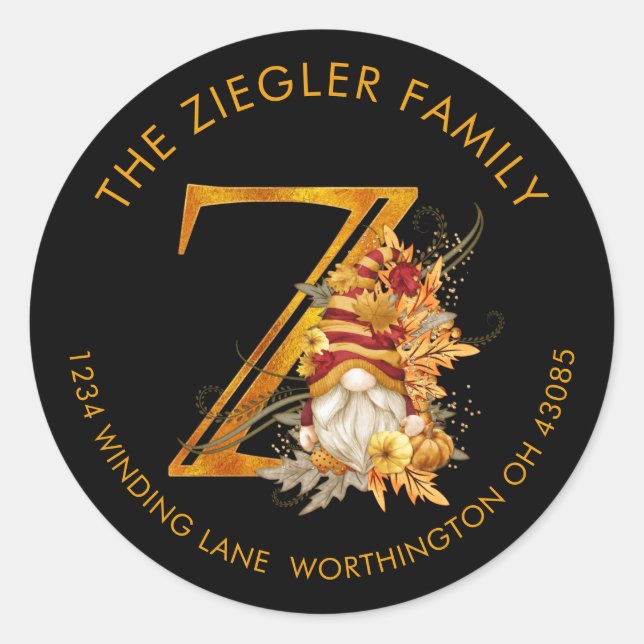 Fall Season Gnome Monogram Letter Z Address Label (Front)