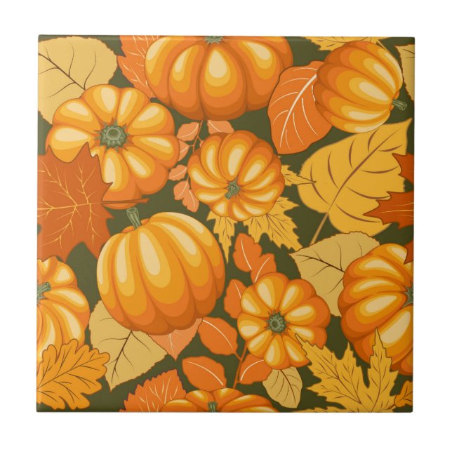 Fall Season Halloween Pumpkins Pattern Ceramic Tile (Front)
