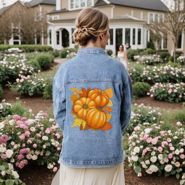 Fall Season Halloween Pumpkins Pattern Denim Jacket (Wedding Back)
