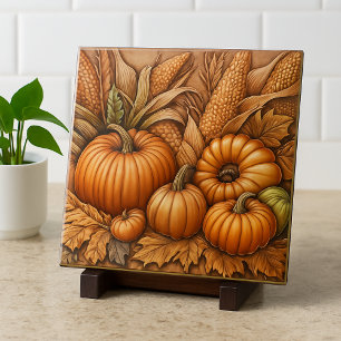 Fall Season Harvest Pumpkin and Corn Ceramic Tile