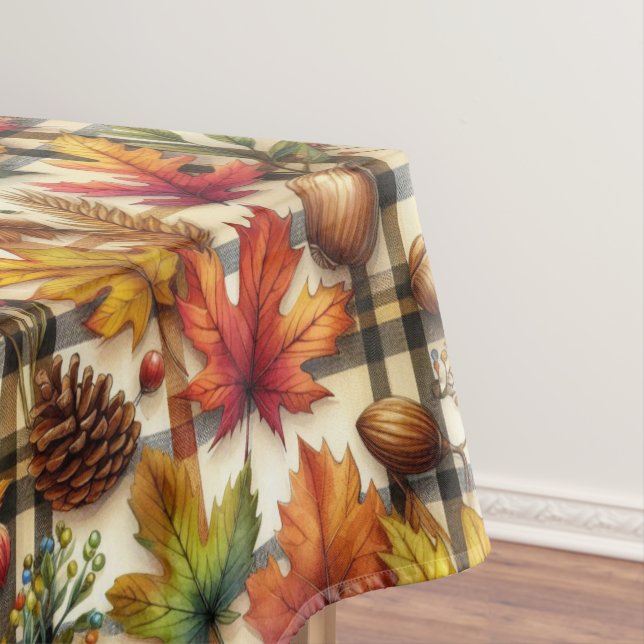Fall Season Plaid with Autumn Leaves Tablecloth (In Situ)