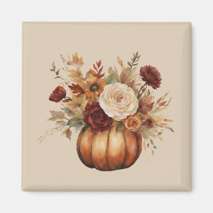 Fall Season-Watercolor Pumpkin and Flowers- Magnet