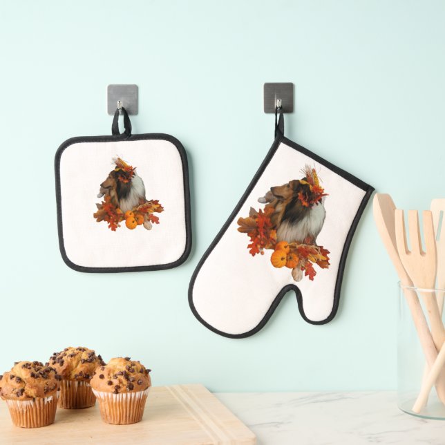 Fall Sheltie Oven Mitt & Pot Holder Set (Insitu(Hanging))