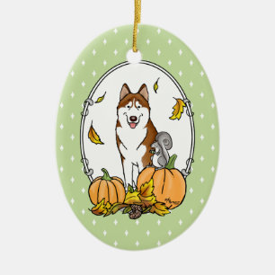 Fall Siberian Husky (red) Pumpkins Leaves Cute Ceramic Ornament