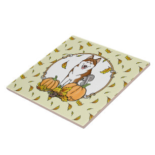 Fall Siberian Husky (red) Pumpkins Leaves Cute Ceramic Tile