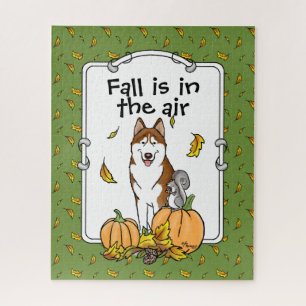 Fall Siberian Husky (red) Pumpkins Leaves Cute Jigsaw Puzzle