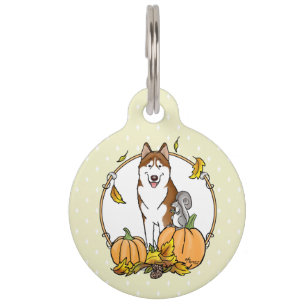 Fall Siberian Husky (red) Pumpkins Leaves Cute Pet Tag
