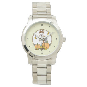 Fall Siberian Husky (red) Pumpkins Leaves Cute Watch