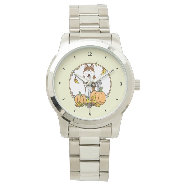 Fall Siberian Husky (red) Pumpkins Leaves Cute Watch (Front)