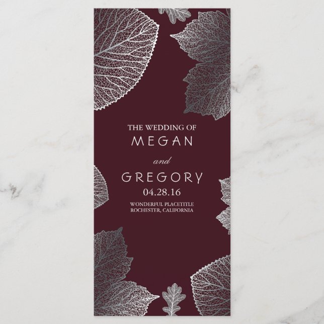 Fall Silver and Burgundy Leaves Wedding Programs (Front)