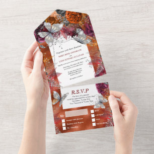 Fall silver butterfly shimmer maroon autumn rose  all in one invitation