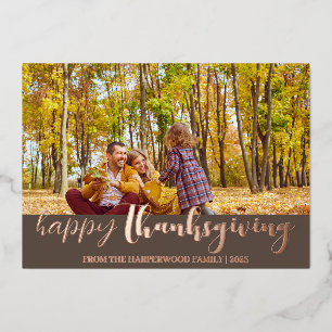 Fall Simple Typography thanksgiving family photo Foil Holiday Card
