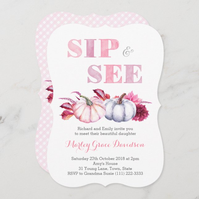 Fall Sip & See Party Cards with Pink Grey Pumpkins (Front/Back)