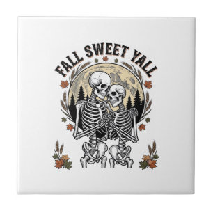 Fall Skeleton Couple Vintage Engraving Autumn Shir Ceramic Tile