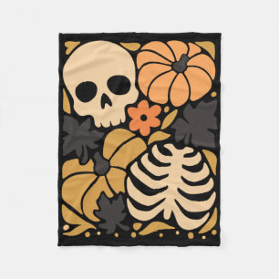 Fall Skeleton Pumpkin Floral Folk Halloween Fleece Blanket