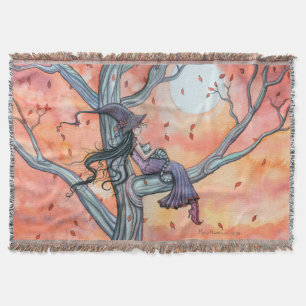 Fall Slumber Fantasy Witch Cat Halloween Art Throw Blanket