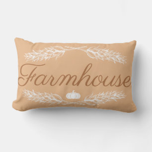 Fall Spice Farmhouse Wheat Stalks Laurels Pumpkin Lumbar Cushion