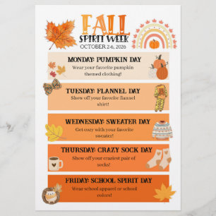 Fall Spirit Week flyer, Autumn School Spirit Week Flyer