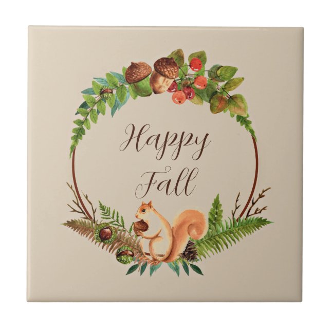 Fall squirrel and nature with customisable text  ceramic tile (Front)