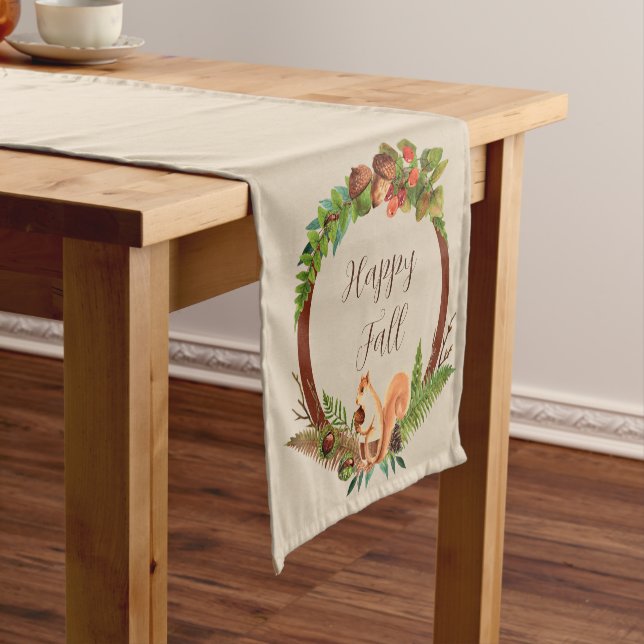 Fall squirrel and nature with customisable text  short table runner (In Situ)