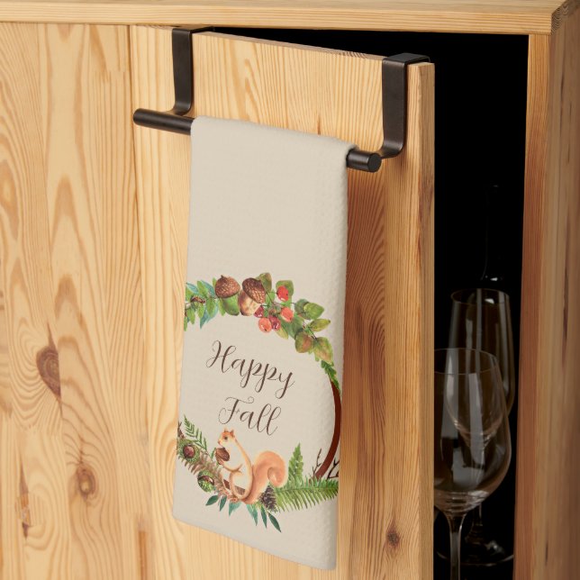 Fall squirrel and nature with customisable text  tea towel (Thirds Fold)