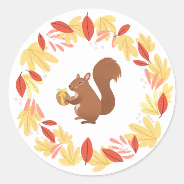 Fall Squirrel with Nut Classic Round Sticker (Front)