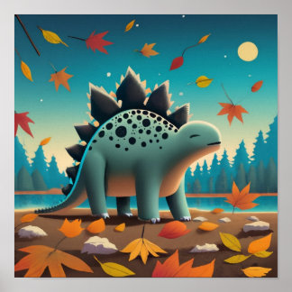 Fall Stegosaurus with Leaves: Cute Wall Art