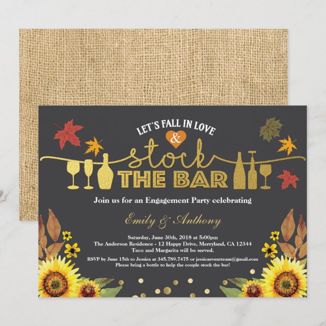 Fall stock the bar engagement party sunflower invitation (Front/Back)