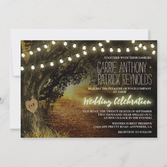 Fall String Lights Oak Tree Wedding Invitations (Front)