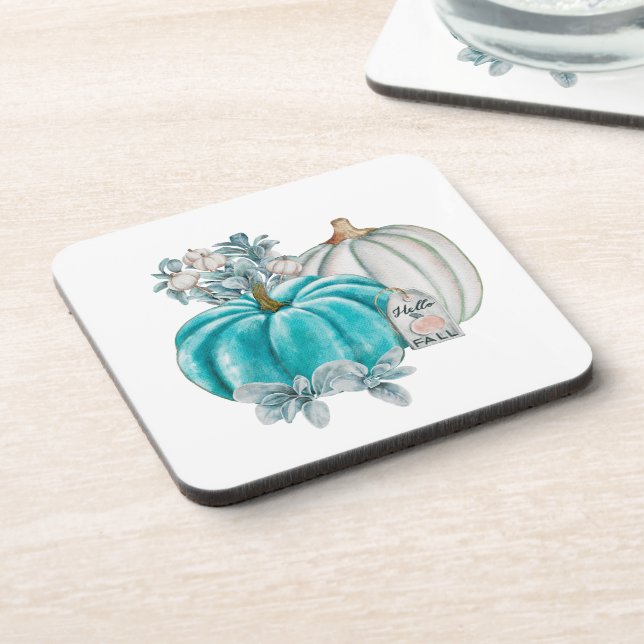 Fall Stylish Watercolor Pumpkins Blue Pink Autumn Coaster (Left Side)