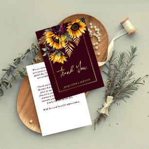 Fall summer burgundy sunflowers wedding thank you card