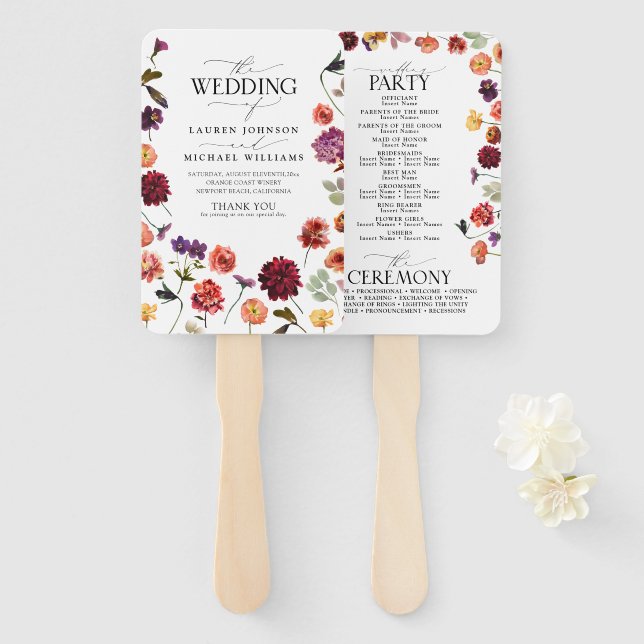 Fall Summer Garden Burnt Orange Flowers Program Hand Fan (Front and Back)